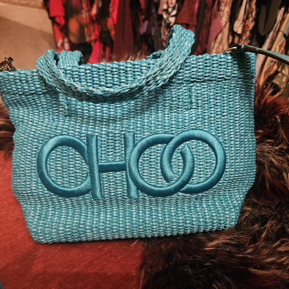 New Authentic Jimmy Choo Turquoise Woven Tote - Picture 5 of 15